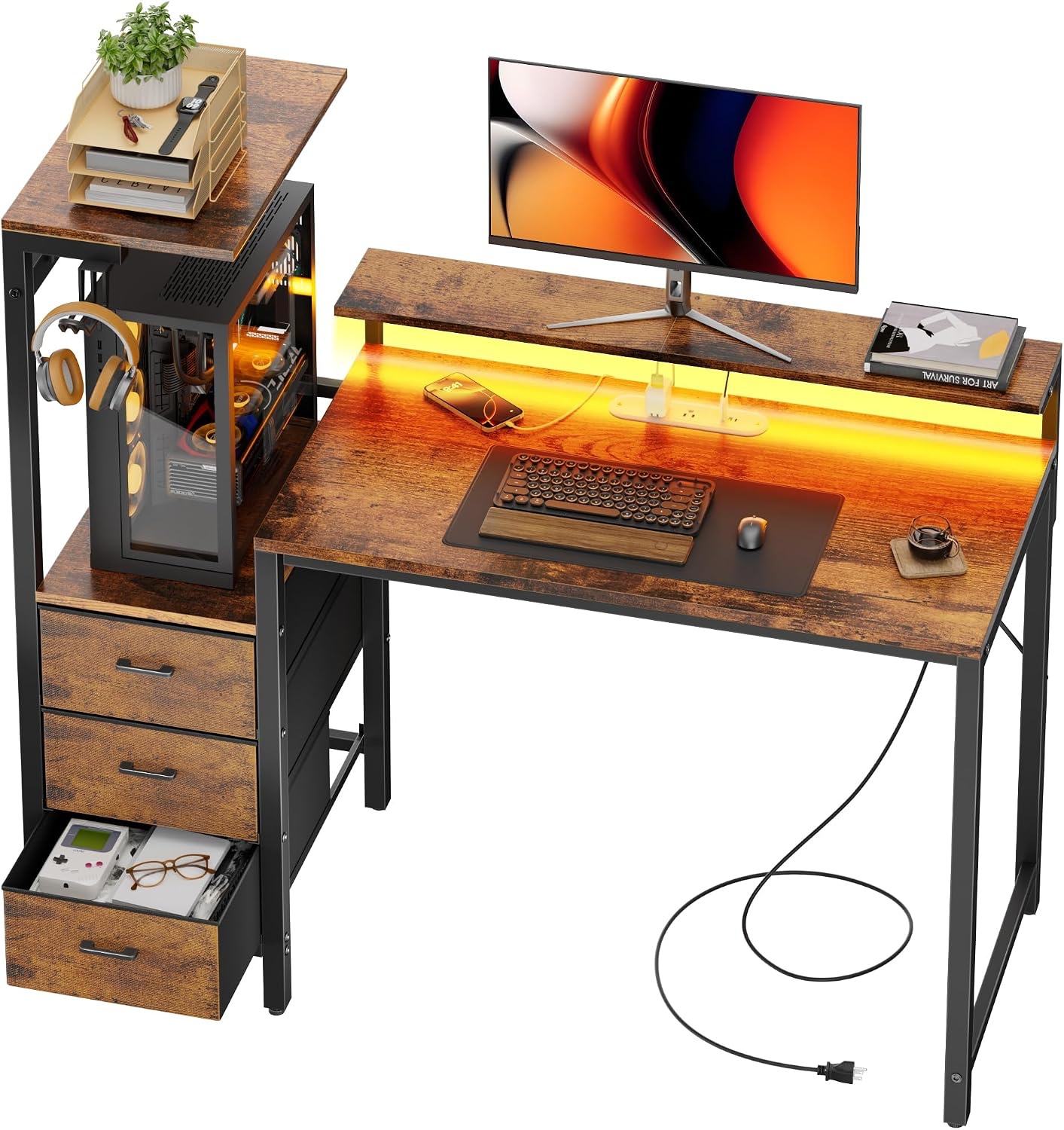 HLDIRECT 44 inch desk with PC tower shelf and drawers